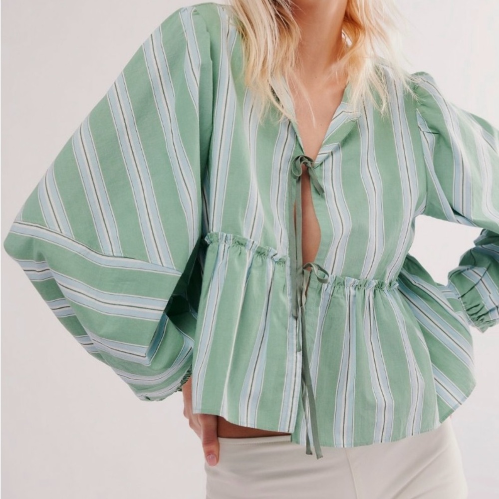 Free People Brunch Babe Top Striped Green with Tie Detail